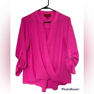 Jennifer Lopez hot pink blouse with shiny pink stripes